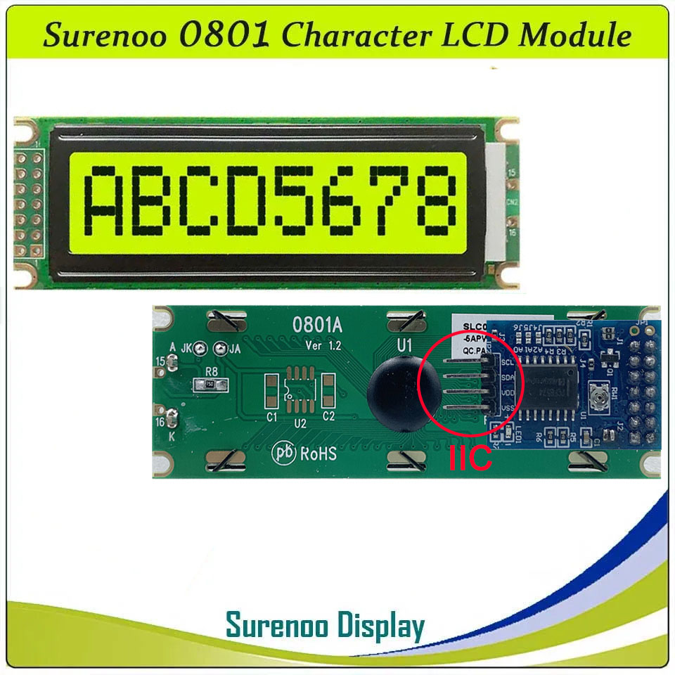 SLC0801A PCB=85.00X29.50MM 0801 8*1 Surenoo Character LCD Module Display Screen Panel 6800 4-bit 8-bit Parallel Serial IIC I2C AIP31066 SPLC780D ST7066 PCF8574 Controller STN Yellow Green LED Backlight