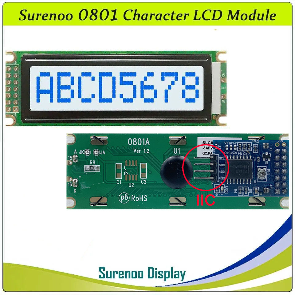 SLC0801A PCB=85.00X29.50MM 0801 8*1 Surenoo Character LCD Module Display Screen Panel 6800 4-bit 8-bit Parallel Serial IIC I2C AIP31066 SPLC780D ST7066 PCF8574 Controller STN Yellow Green LED Backlight