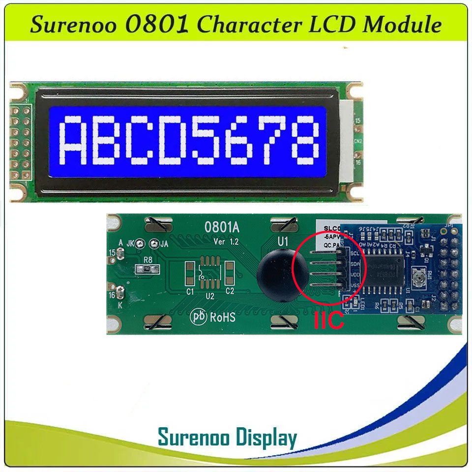 SLC0801A PCB=85.00X29.50MM 0801 8*1 Surenoo Character LCD Module Display Screen Panel 6800 4-bit 8-bit Parallel Serial IIC I2C AIP31066 SPLC780D ST7066 PCF8574 Controller STN Yellow Green LED Backlight