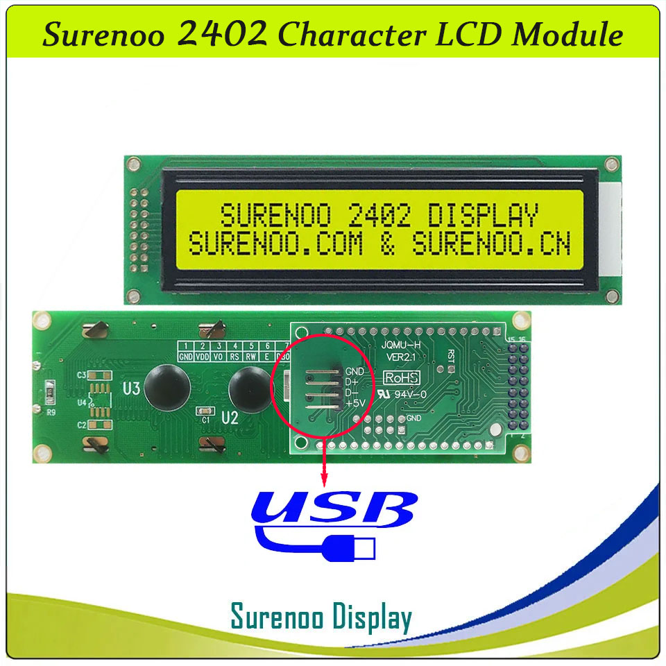 SLC2402A PCB=118.00X36.00MM 2402 24*2 Surenoo Character LCD Module Display Screen Panel 6800 4-bit 8-bit Parallel Serial IIC I2C AIP31066 SPLC780D ST7066 PCF8574 Controller STN Yellow Green STN Blue Negative LED Backlight USB2LCD LCD Smartie AIDA64