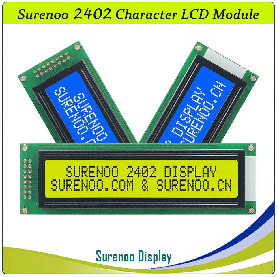 SLC2402A PCB=118.00X36.00MM 2402 24*2 Surenoo Character LCD Module Display Screen Panel 6800 4-bit 8-bit Parallel Serial IIC I2C AIP31066 SPLC780D ST7066 PCF8574 Controller STN Yellow Green STN Blue Negative LED Backlight USB2LCD LCD Smartie AIDA64