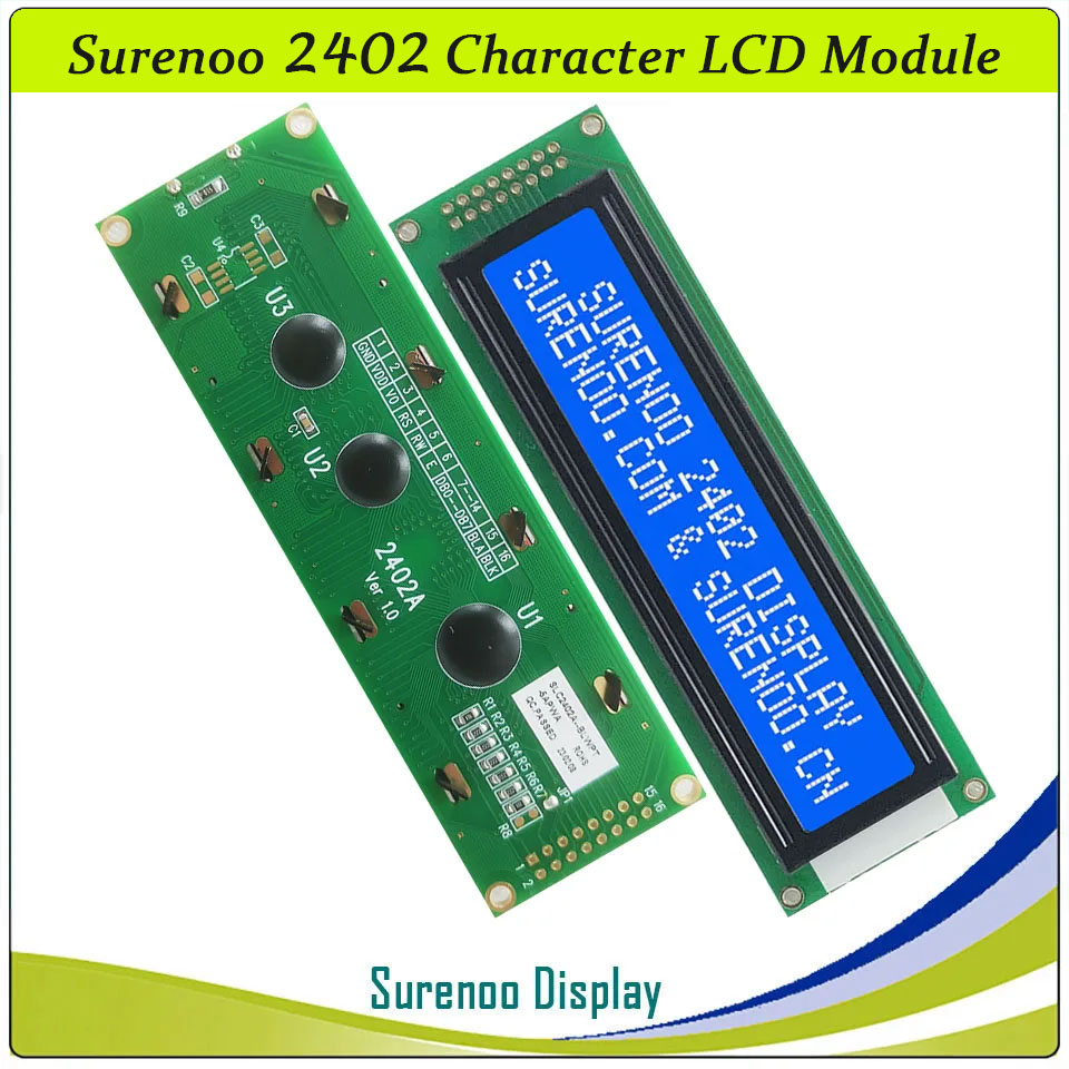 SLC2402A PCB=118.00X36.00MM 2402 24*2 Surenoo Character LCD Module Display Screen Panel 6800 4-bit 8-bit Parallel Serial IIC I2C AIP31066 SPLC780D ST7066 PCF8574 Controller STN Yellow Green STN Blue Negative LED Backlight USB2LCD LCD Smartie AIDA64