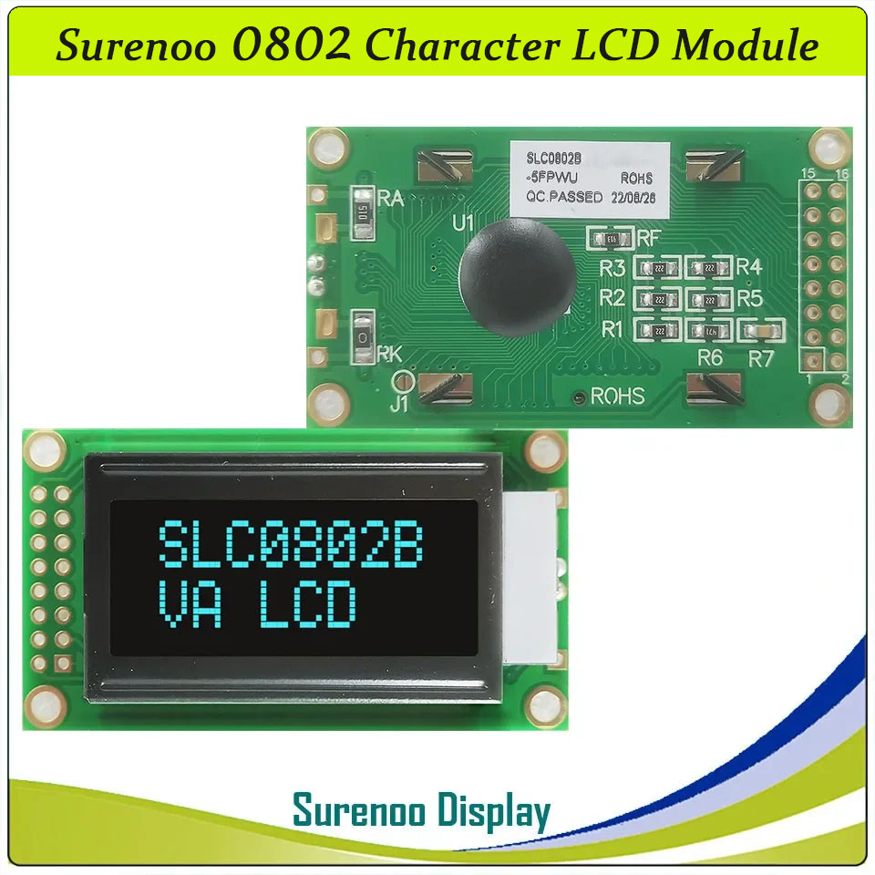 SLC0802B PCB=58.00X32.00MM 0802 8*2 Surenoo Character LCD Module Display Screen Panel 6800 4-bit 8-bit Parallel Serial IIC I2C AIP31066 SPLC780D ST7066 PCF8574 Controller STN Yellow Green LED Backlight