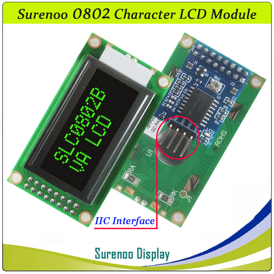 SLC0802B PCB=58.00X32.00MM 0802 8*2 Surenoo Character LCD Module Display Screen Panel 6800 4-bit 8-bit Parallel Serial IIC I2C AIP31066 SPLC780D ST7066 PCF8574 Controller STN Yellow Green LED Backlight