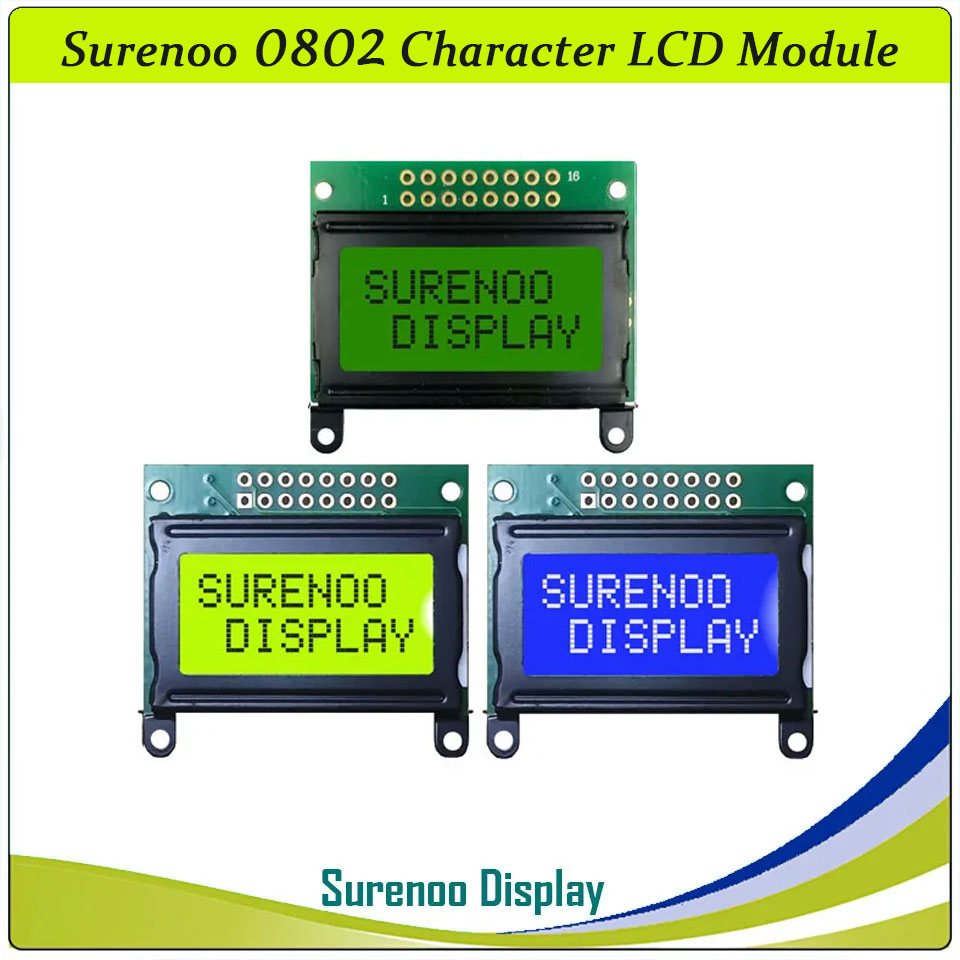 SLC0802A Outline=40.00X35.80MM 0802 8*2 Surenoo Character LCD Module Display Screen Panel 6800 4-bit 8-bit Parallel Serial IIC I2C AIP31066 SPLC780D ST7066 PCF8574 Controller STN Yellow Green LED Backlight