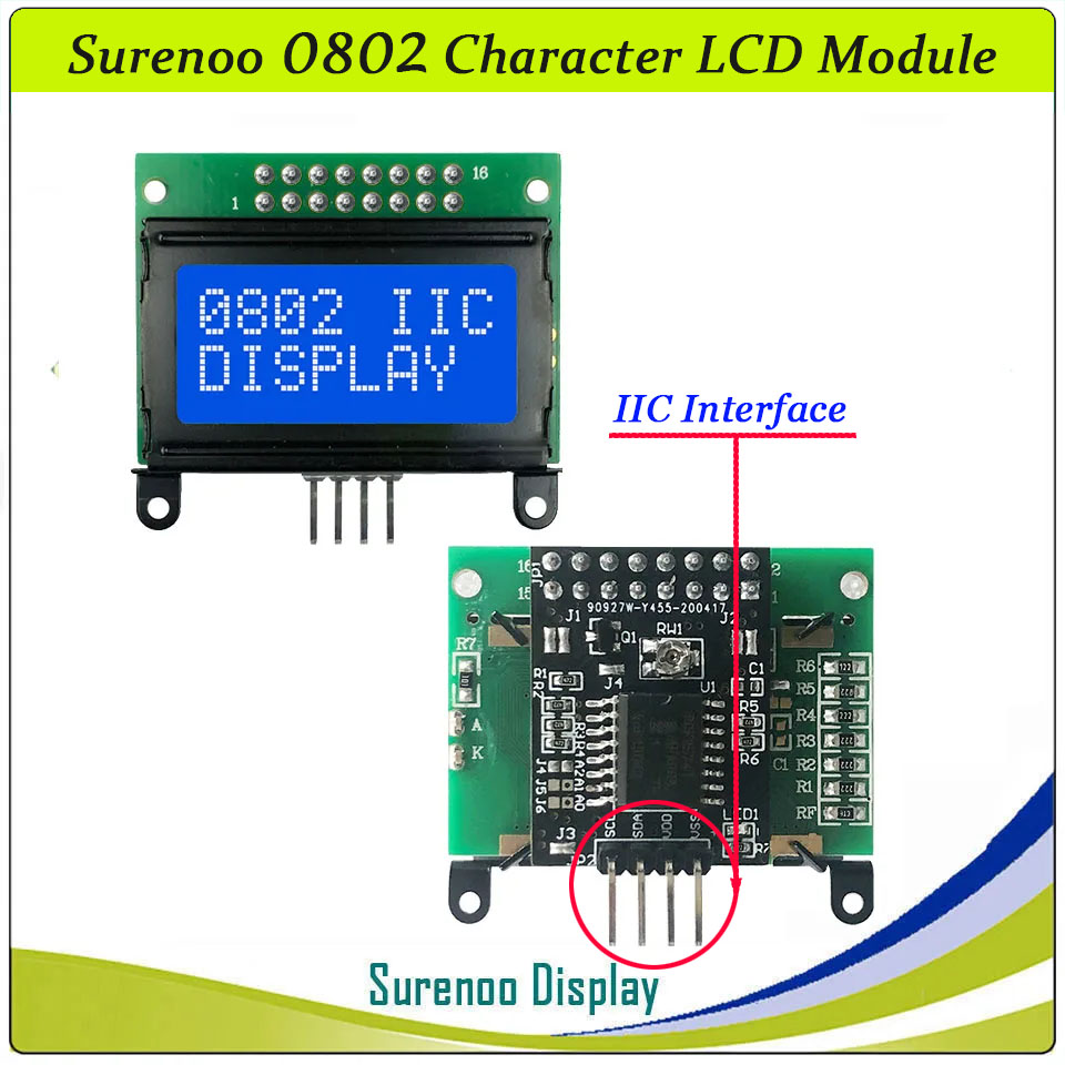 SLC0802A Outline=40.00X35.80MM 0802 8*2 Surenoo Character LCD Module Display Screen Panel 6800 4-bit 8-bit Parallel Serial IIC I2C AIP31066 SPLC780D ST7066 PCF8574 Controller STN Yellow Green LED Backlight
