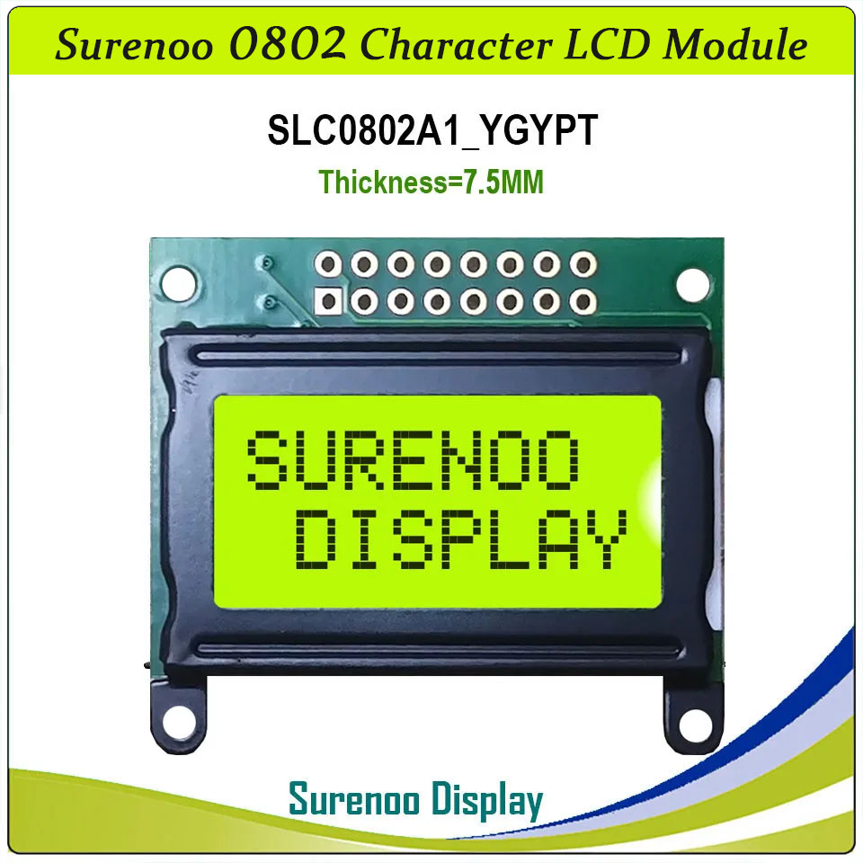SLC0802A Outline=40.00X35.80MM 0802 8*2 Surenoo Character LCD Module Display Screen Panel 6800 4-bit 8-bit Parallel Serial IIC I2C AIP31066 SPLC780D ST7066 PCF8574 Controller STN Yellow Green LED Backlight