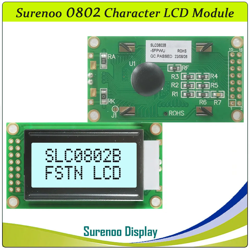SLC0802B PCB=58.00X32.00MM 0802 8*2 Surenoo Character LCD Module Display Screen Panel 6800 4-bit 8-bit Parallel Serial IIC I2C AIP31066 SPLC780D ST7066 PCF8574 Controller STN Yellow Green LED Backlight