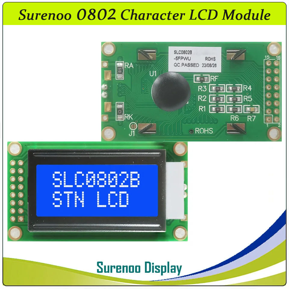 SLC0802B PCB=58.00X32.00MM 0802 8*2 Surenoo Character LCD Module Display Screen Panel 6800 4-bit 8-bit Parallel Serial IIC I2C AIP31066 SPLC780D ST7066 PCF8574 Controller STN Yellow Green LED Backlight
