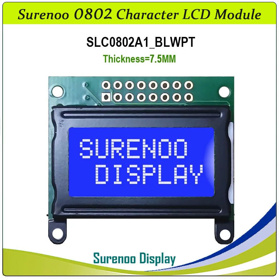 SLC0802A Outline=40.00X35.80MM 0802 8*2 Surenoo Character LCD Module Display Screen Panel 6800 4-bit 8-bit Parallel Serial IIC I2C AIP31066 SPLC780D ST7066 PCF8574 Controller STN Yellow Green LED Backlight
