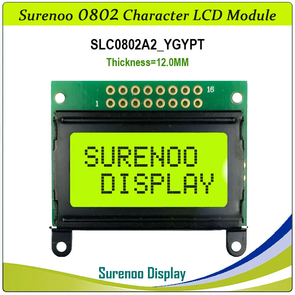 SLC0802A Outline=40.00X35.80MM 0802 8*2 Surenoo Character LCD Module Display Screen Panel 6800 4-bit 8-bit Parallel Serial IIC I2C AIP31066 SPLC780D ST7066 PCF8574 Controller STN Yellow Green LED Backlight
