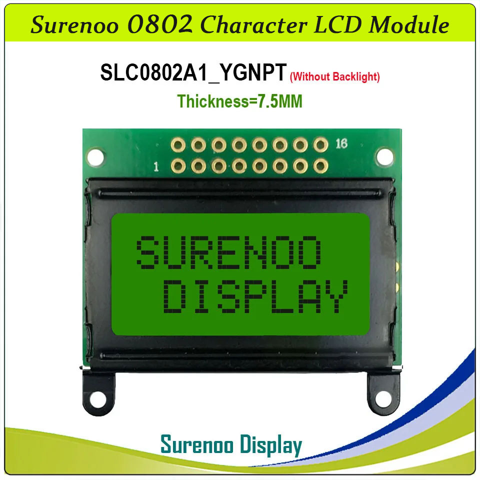 SLC0802A Outline=40.00X35.80MM 0802 8*2 Surenoo Character LCD Module Display Screen Panel 6800 4-bit 8-bit Parallel Serial IIC I2C AIP31066 SPLC780D ST7066 PCF8574 Controller STN Yellow Green LED Backlight
