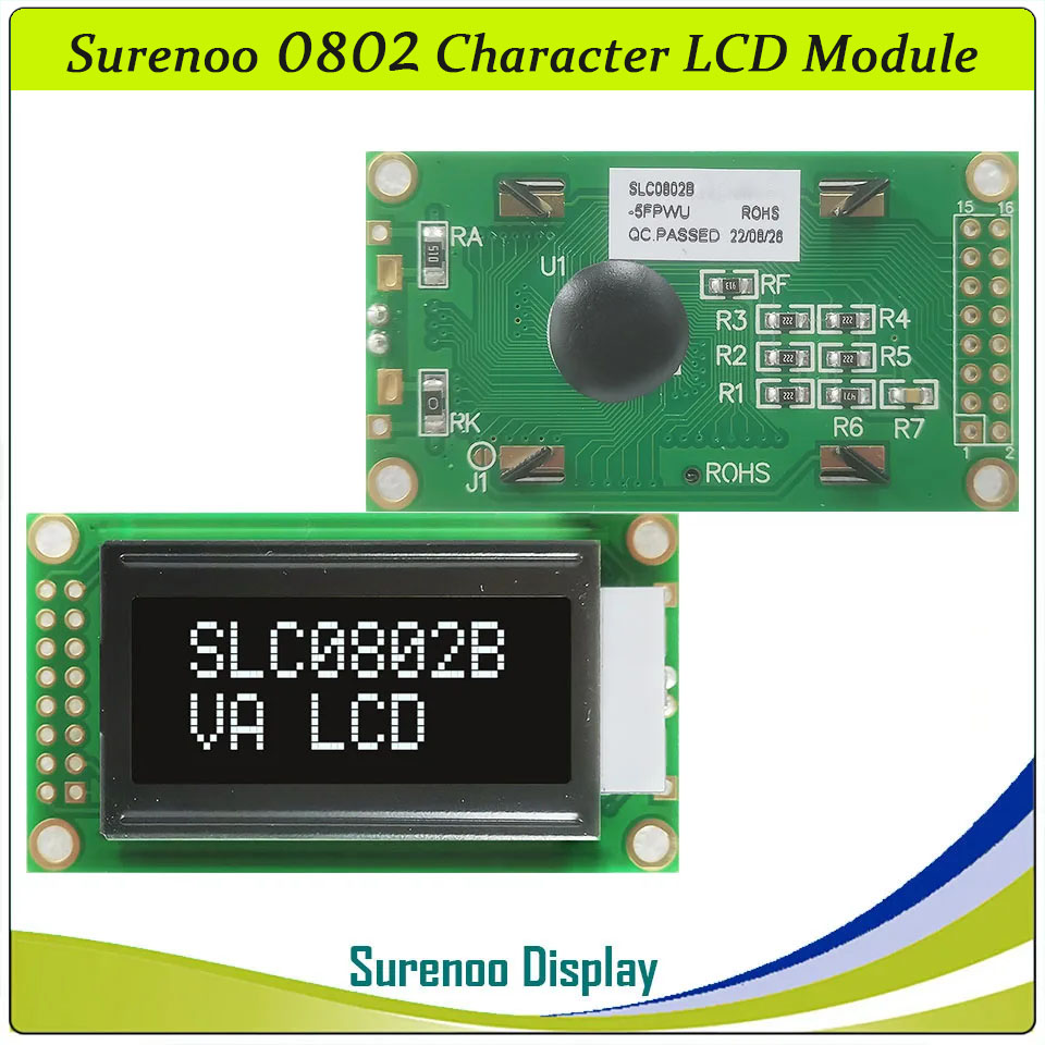 SLC0802B PCB=58.00X32.00MM 0802 8*2 Surenoo Character LCD Module Display Screen Panel 6800 4-bit 8-bit Parallel Serial IIC I2C AIP31066 SPLC780D ST7066 PCF8574 Controller STN Yellow Green LED Backlight