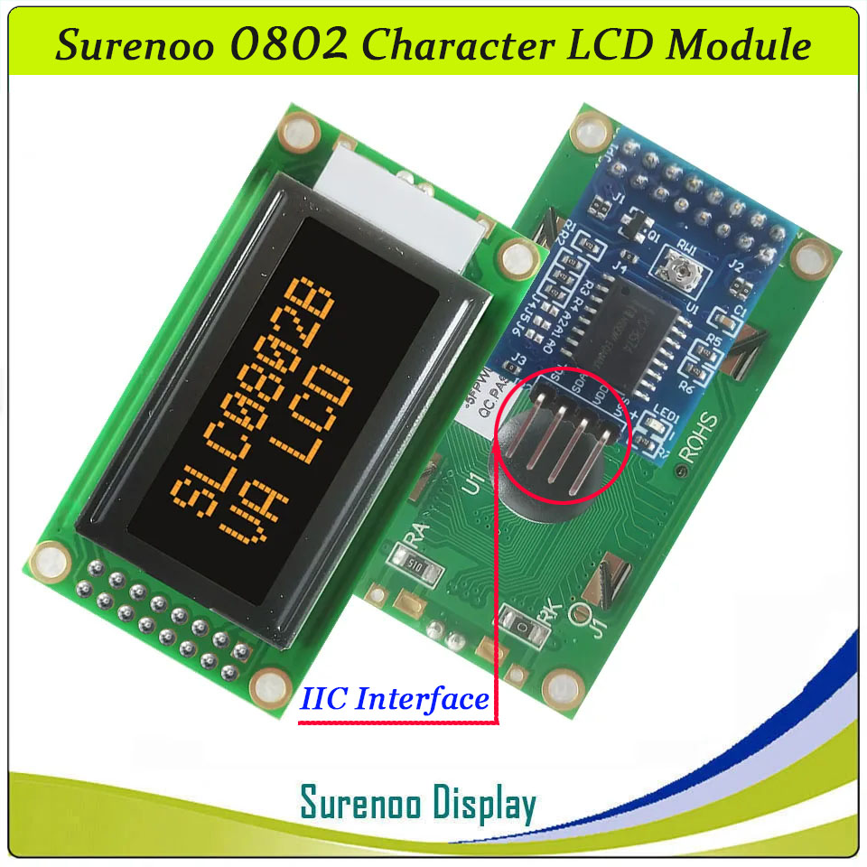 SLC0802B PCB=58.00X32.00MM 0802 8*2 Surenoo Character LCD Module Display Screen Panel 6800 4-bit 8-bit Parallel Serial IIC I2C AIP31066 SPLC780D ST7066 PCF8574 Controller STN Yellow Green LED Backlight