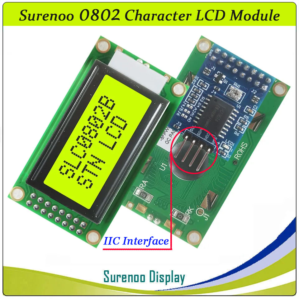 SLC0802B PCB=58.00X32.00MM 0802 8*2 Surenoo Character LCD Module Display Screen Panel 6800 4-bit 8-bit Parallel Serial IIC I2C AIP31066 SPLC780D ST7066 PCF8574 Controller STN Yellow Green LED Backlight