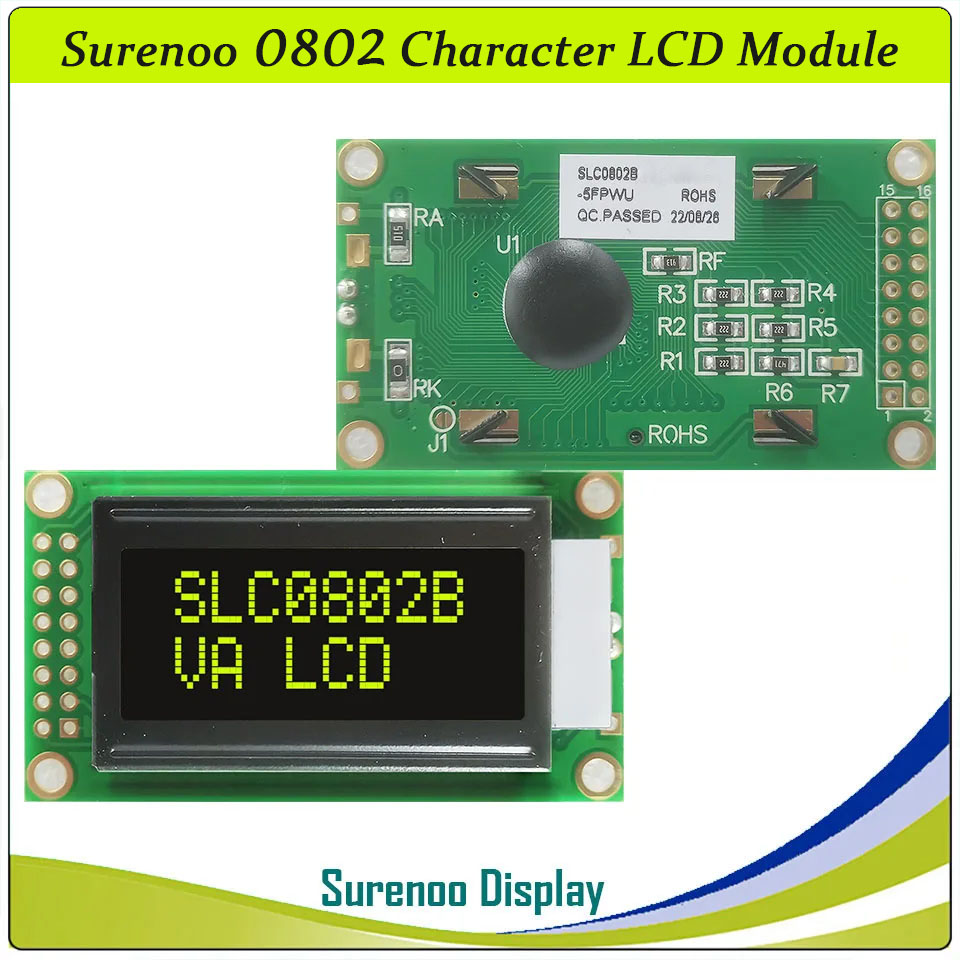 SLC0802B PCB=58.00X32.00MM 0802 8*2 Surenoo Character LCD Module Display Screen Panel 6800 4-bit 8-bit Parallel Serial IIC I2C AIP31066 SPLC780D ST7066 PCF8574 Controller STN Yellow Green LED Backlight