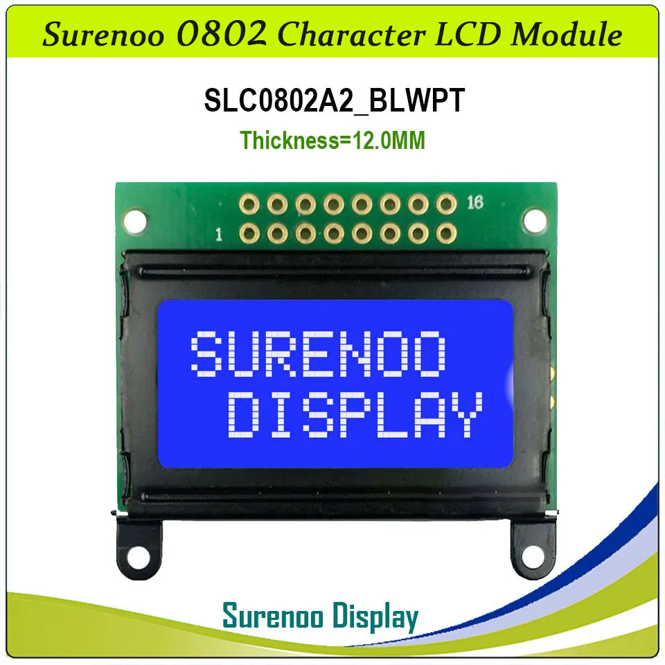 SLC0802A Outline=40.00X35.80MM 0802 8*2 Surenoo Character LCD Module Display Screen Panel 6800 4-bit 8-bit Parallel Serial IIC I2C AIP31066 SPLC780D ST7066 PCF8574 Controller STN Yellow Green LED Backlight