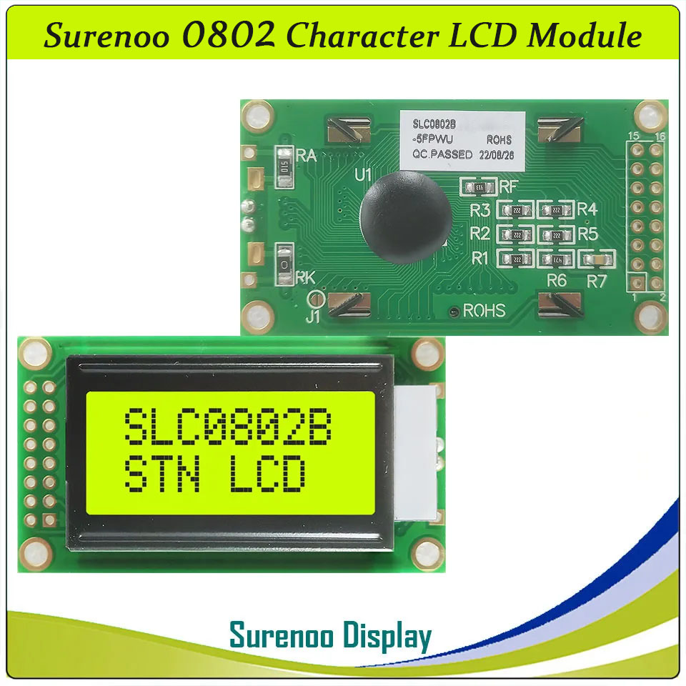 SLC0802B PCB=58.00X32.00MM 0802 8*2 Surenoo Character LCD Module Display Screen Panel 6800 4-bit 8-bit Parallel Serial IIC I2C AIP31066 SPLC780D ST7066 PCF8574 Controller STN Yellow Green LED Backlight