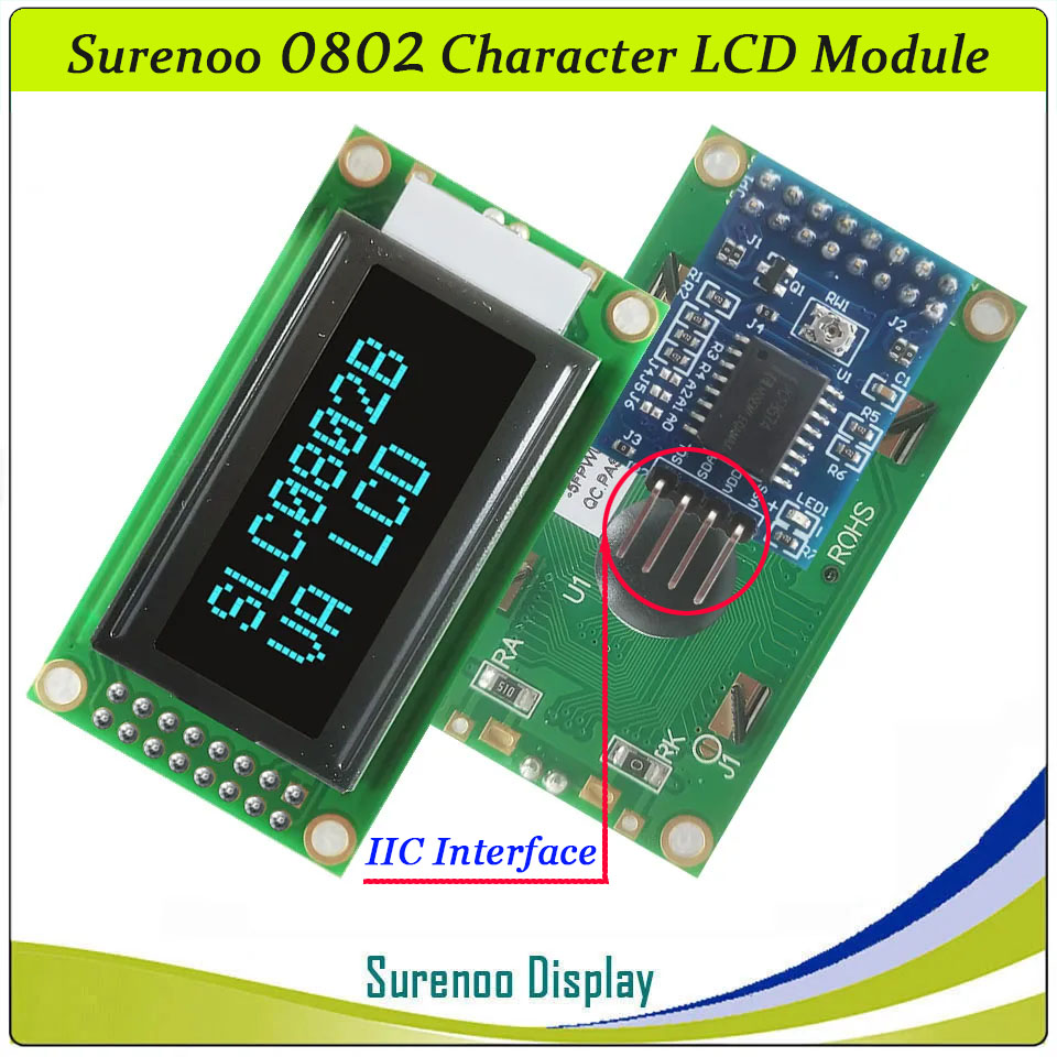 SLC0802B PCB=58.00X32.00MM 0802 8*2 Surenoo Character LCD Module Display Screen Panel 6800 4-bit 8-bit Parallel Serial IIC I2C AIP31066 SPLC780D ST7066 PCF8574 Controller STN Yellow Green LED Backlight