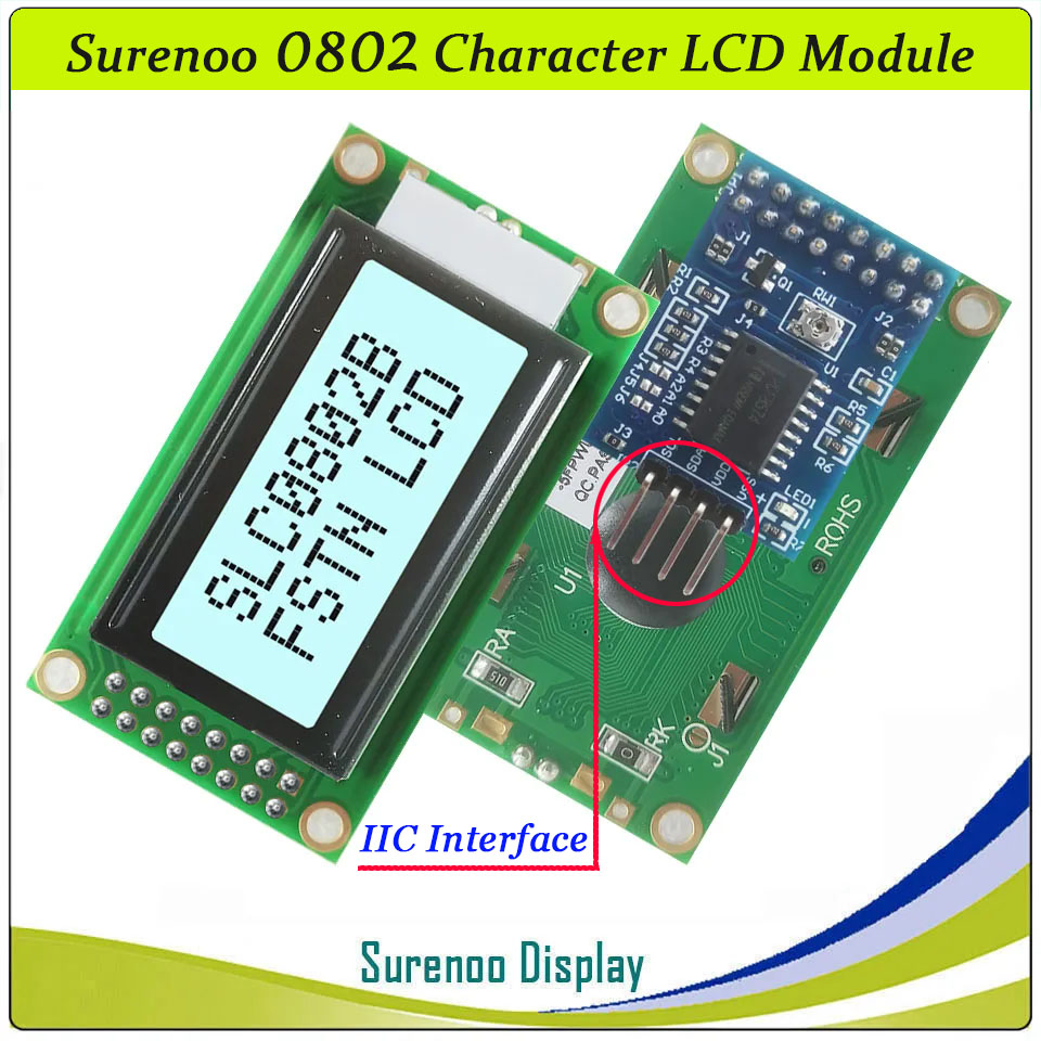 SLC0802B PCB=58.00X32.00MM 0802 8*2 Surenoo Character LCD Module Display Screen Panel 6800 4-bit 8-bit Parallel Serial IIC I2C AIP31066 SPLC780D ST7066 PCF8574 Controller STN Yellow Green LED Backlight