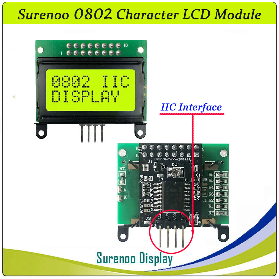 SLC0802A Outline=40.00X35.80MM 0802 8*2 Surenoo Character LCD Module Display Screen Panel 6800 4-bit 8-bit Parallel Serial IIC I2C AIP31066 SPLC780D ST7066 PCF8574 Controller STN Yellow Green LED Backlight