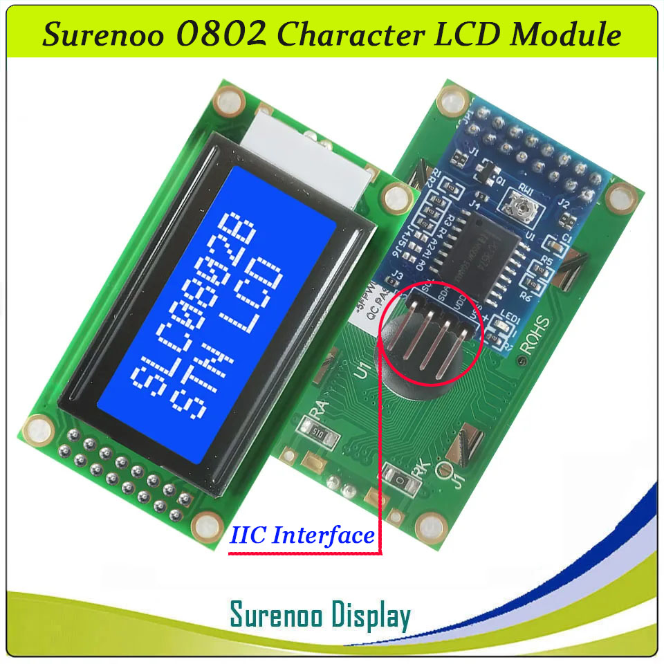 SLC0802B PCB=58.00X32.00MM 0802 8*2 Surenoo Character LCD Module Display Screen Panel 6800 4-bit 8-bit Parallel Serial IIC I2C AIP31066 SPLC780D ST7066 PCF8574 Controller STN Yellow Green LED Backlight