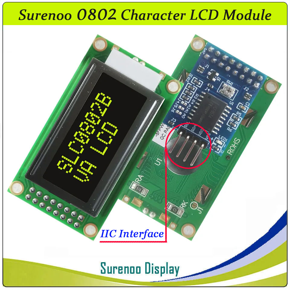 SLC0802B PCB=58.00X32.00MM 0802 8*2 Surenoo Character LCD Module Display Screen Panel 6800 4-bit 8-bit Parallel Serial IIC I2C AIP31066 SPLC780D ST7066 PCF8574 Controller STN Yellow Green LED Backlight