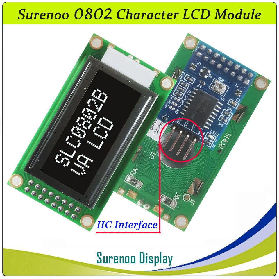SLC0802B PCB=58.00X32.00MM 0802 8*2 Surenoo Character LCD Module Display Screen Panel 6800 4-bit 8-bit Parallel Serial IIC I2C AIP31066 SPLC780D ST7066 PCF8574 Controller STN Yellow Green LED Backlight