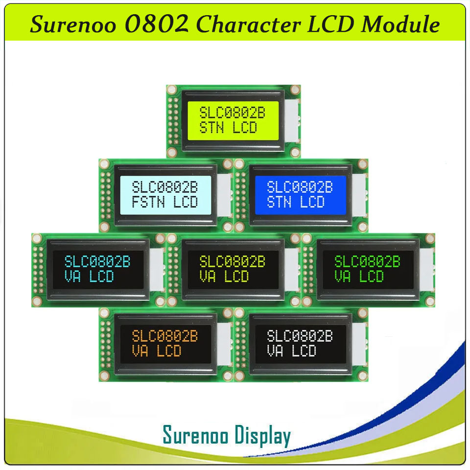SLC0802B PCB=58.00X32.00MM 0802 8*2 Surenoo Character LCD Module Display Screen Panel 6800 4-bit 8-bit Parallel Serial IIC I2C AIP31066 SPLC780D ST7066 PCF8574 Controller STN Yellow Green LED Backlight