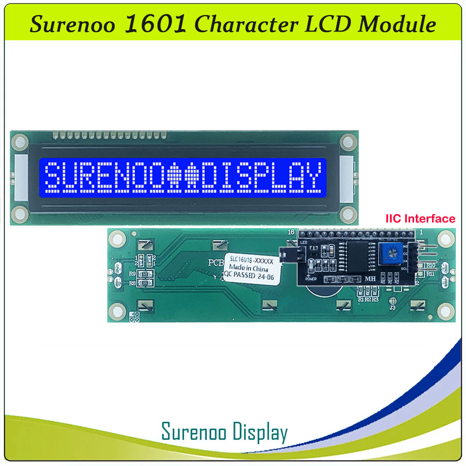 SLC1601B PCB=122.00X33.00MM 1601 16*1 Surenoo Larger Larger Big Character LCD Module Display Screen Panel 6800 4-bit 8-bit Parallel Serial IIC I2C AIP31066 SPLC780D ST7066 PCF8574 Controller STN Yellow Green STN Blue LED Backlight