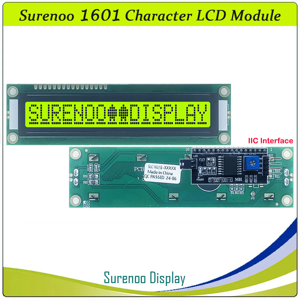 SLC1601B PCB=122.00X33.00MM 1601 16*1 Surenoo Larger Larger Big Character LCD Module Display Screen Panel 6800 4-bit 8-bit Parallel Serial IIC I2C AIP31066 SPLC780D ST7066 PCF8574 Controller STN Yellow Green STN Blue LED Backlight
