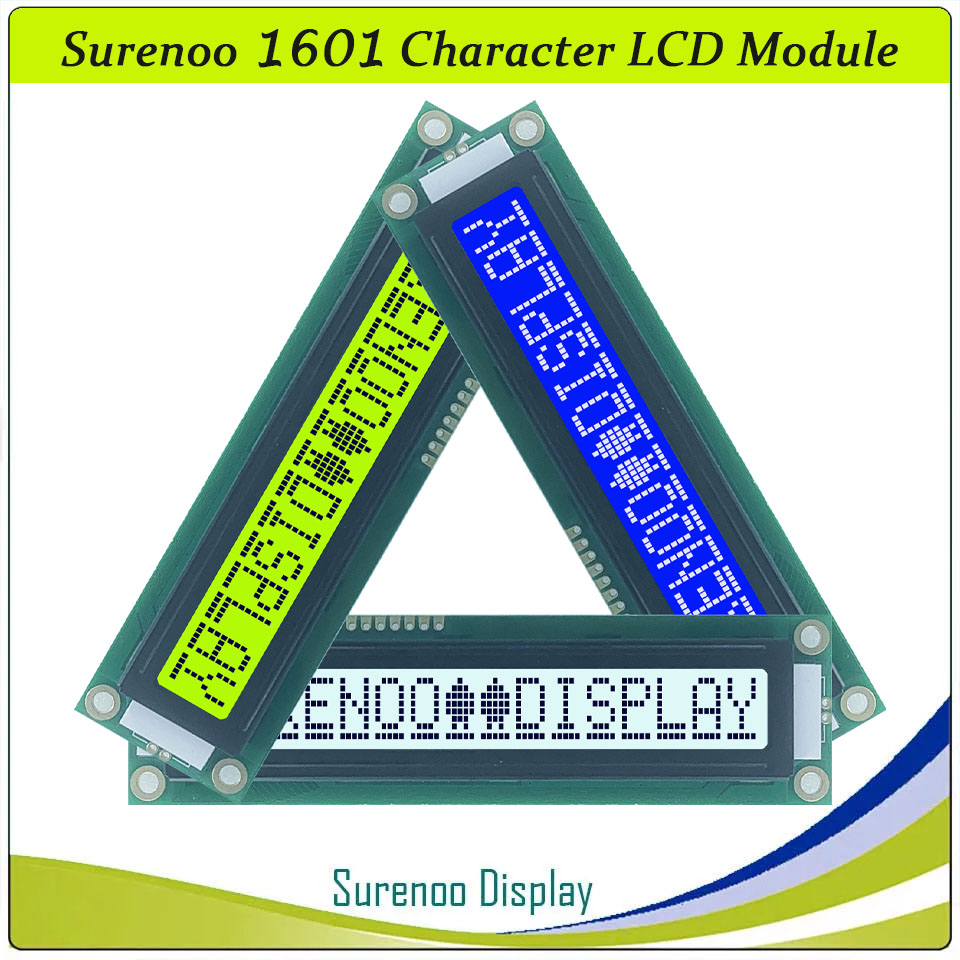 SLC1601B PCB=122.00X33.00MM 1601 16*1 Surenoo Larger Larger Big Character LCD Module Display Screen Panel 6800 4-bit 8-bit Parallel Serial IIC I2C AIP31066 SPLC780D ST7066 PCF8574 Controller STN Yellow Green STN Blue LED Backlight