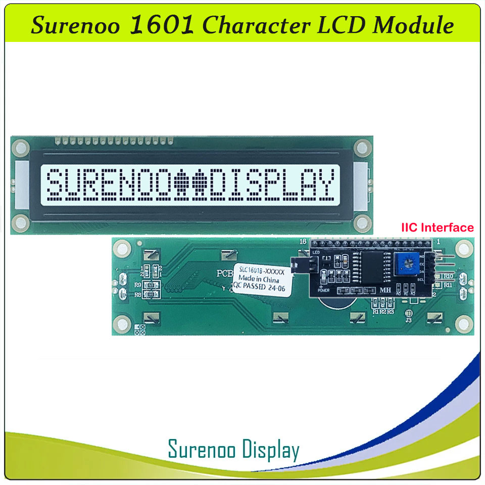 SLC1601B PCB=122.00X33.00MM 1601 16*1 Surenoo Larger Larger Big Character LCD Module Display Screen Panel 6800 4-bit 8-bit Parallel Serial IIC I2C AIP31066 SPLC780D ST7066 PCF8574 Controller STN Yellow Green STN Blue LED Backlight