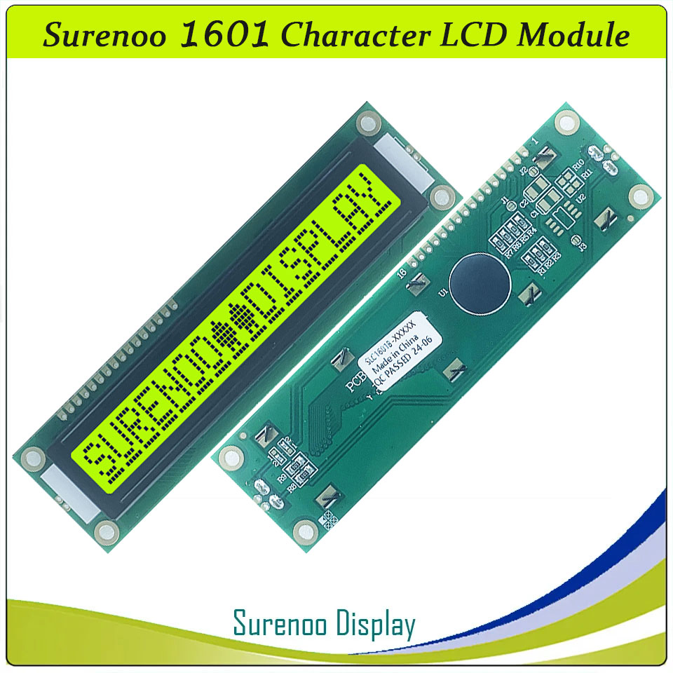 SLC1601B PCB=122.00X33.00MM 1601 16*1 Surenoo Larger Larger Big Character LCD Module Display Screen Panel 6800 4-bit 8-bit Parallel Serial IIC I2C AIP31066 SPLC780D ST7066 PCF8574 Controller STN Yellow Green STN Blue LED Backlight