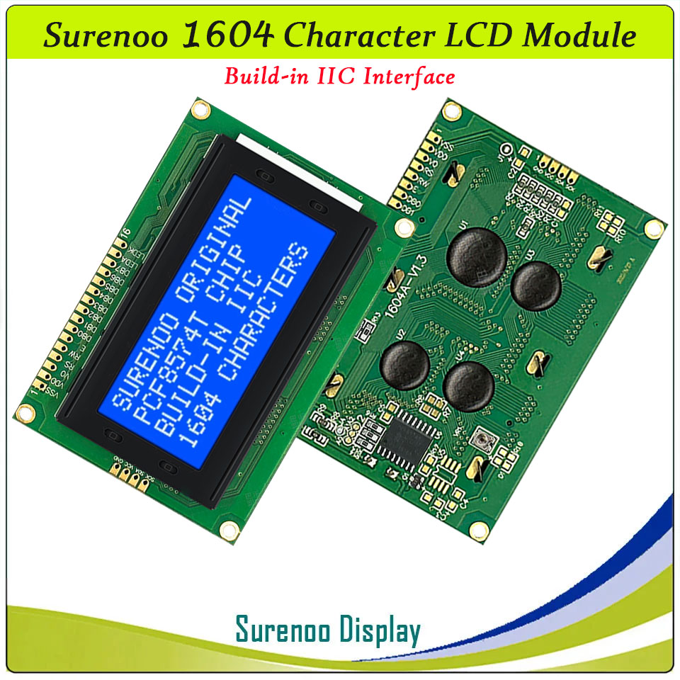 SLC1604B PCB=87.00X60.00MM 1604 16*4 Surenoo Character LCD Module Display Screen Panel 6800 4-bit 8-bit Parallel Serial IIC I2C AIP31066 SPLC780D ST7066 PCF8574 Controller STN Yellow Green STN Blue Negative LED Backlight