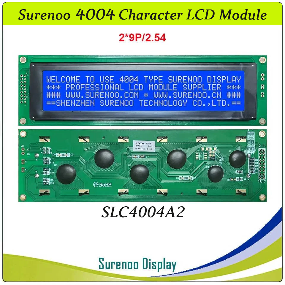 SLC4004A Outline=190.00X54.00MM 4004 40*4 Surenoo Character LCD Module Display Screen Panel 6800 4/8-bit Parallel Serial IIC I2C LCD2USB USB2LCD AIP31066 SPLC780D ST7066 Controller STN Yellow Green Blue Negative LED Backlight for LCD Smartie AIDA64