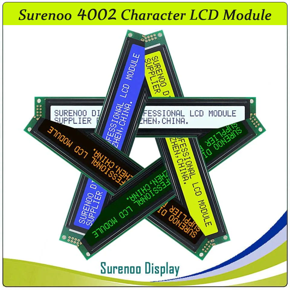 SLC4002A PCB=182.00X33.50MM 4002 40*2 Surenoo Character LCD Module Display Screen Panel 6800 4-bit 8-bit Parallel Serial IIC I2C AIP31066 SPLC780D ST7066 PCF8574 Controller STN Yellow Green STN Blue Negative FSTN Positive LED Backlight