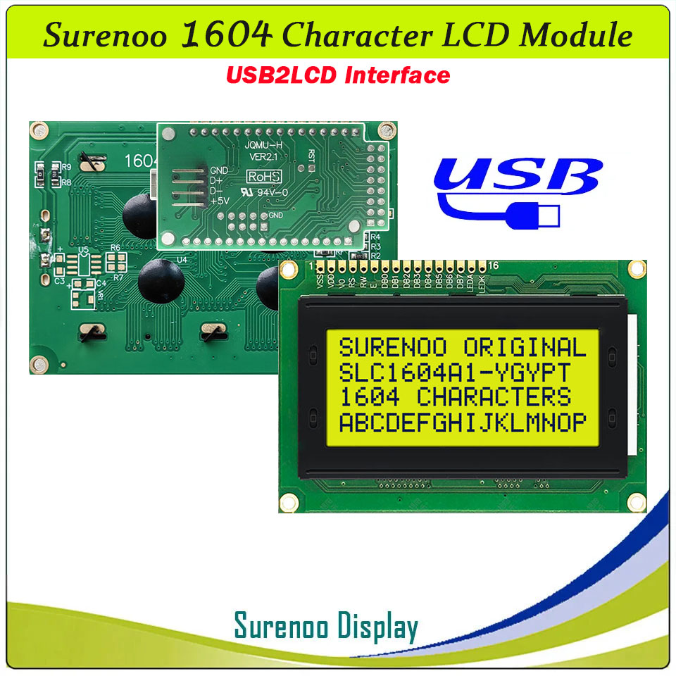 SLC1604A PCB=87.00X60.00MM 1604 16*4 Surenoo Character LCD Module Display Screen Panel 6800 4-bit 8-bit Parallel Serial IIC I2C AIP31066 SPLC780D ST7066 PCF8574 Controller STN Yellow Green STN Blue Negative LED Backlight USB2LCD LCD Smartie AIDA64