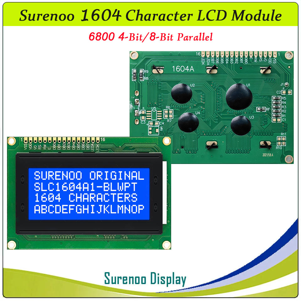 SLC1604A PCB=87.00X60.00MM 1604 16*4 Surenoo Character LCD Module Display Screen Panel 6800 4-bit 8-bit Parallel Serial IIC I2C AIP31066 SPLC780D ST7066 PCF8574 Controller STN Yellow Green STN Blue Negative LED Backlight USB2LCD LCD Smartie AIDA64