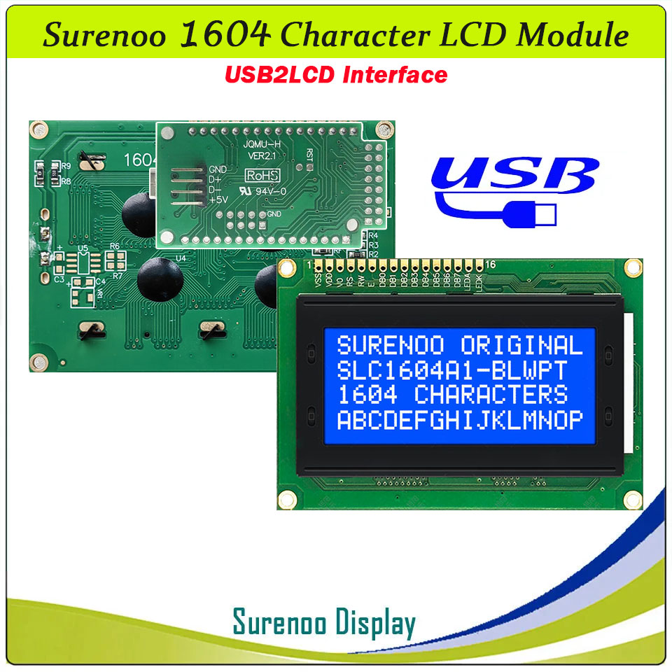 SLC1604A PCB=87.00X60.00MM 1604 16*4 Surenoo Character LCD Module Display Screen Panel 6800 4-bit 8-bit Parallel Serial IIC I2C AIP31066 SPLC780D ST7066 PCF8574 Controller STN Yellow Green STN Blue Negative LED Backlight USB2LCD LCD Smartie AIDA64