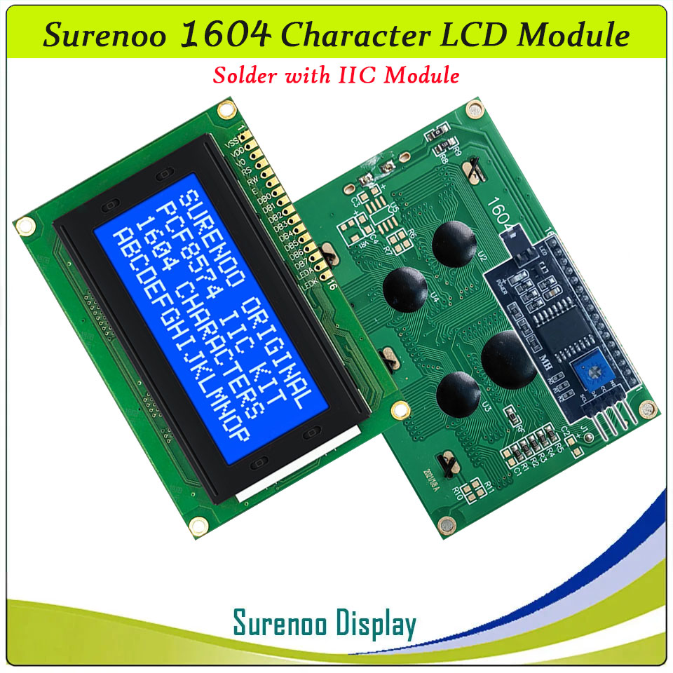 SLC1604A PCB=87.00X60.00MM 1604 16*4 Surenoo Character LCD Module Display Screen Panel 6800 4-bit 8-bit Parallel Serial IIC I2C AIP31066 SPLC780D ST7066 PCF8574 Controller STN Yellow Green STN Blue Negative LED Backlight USB2LCD LCD Smartie AIDA64