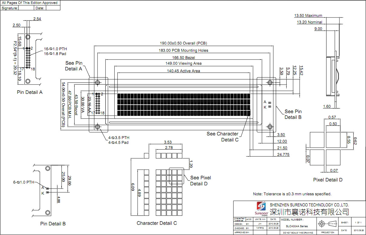 SLC4004A Outline=190.00X54.00MM 4004 40*4 Surenoo Character LCD Module Display Screen Panel 6800 4/8-bit Parallel Serial IIC I2C LCD2USB USB2LCD AIP31066 SPLC780D ST7066 Controller STN Yellow Green Blue Negative LED Backlight for LCD Smartie AIDA64