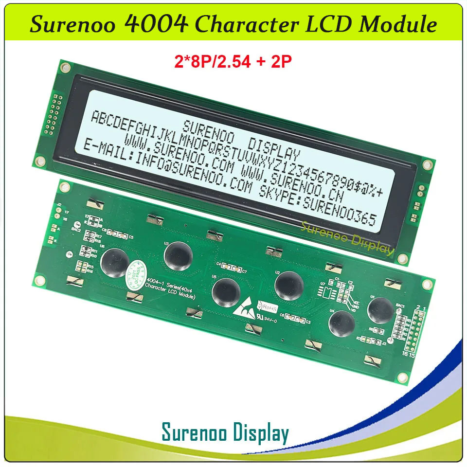 SLC4004B PCB=190.00X54.00MM 4004 40*4 Surenoo Character LCD Module Display Screen Panel 6800 4-bit 8-bit Parallel Serial IIC I2C AIP31066 SPLC780D ST7066 Controller STN Yellow Green STN Blue Negative FSTN Positive LED Backlight