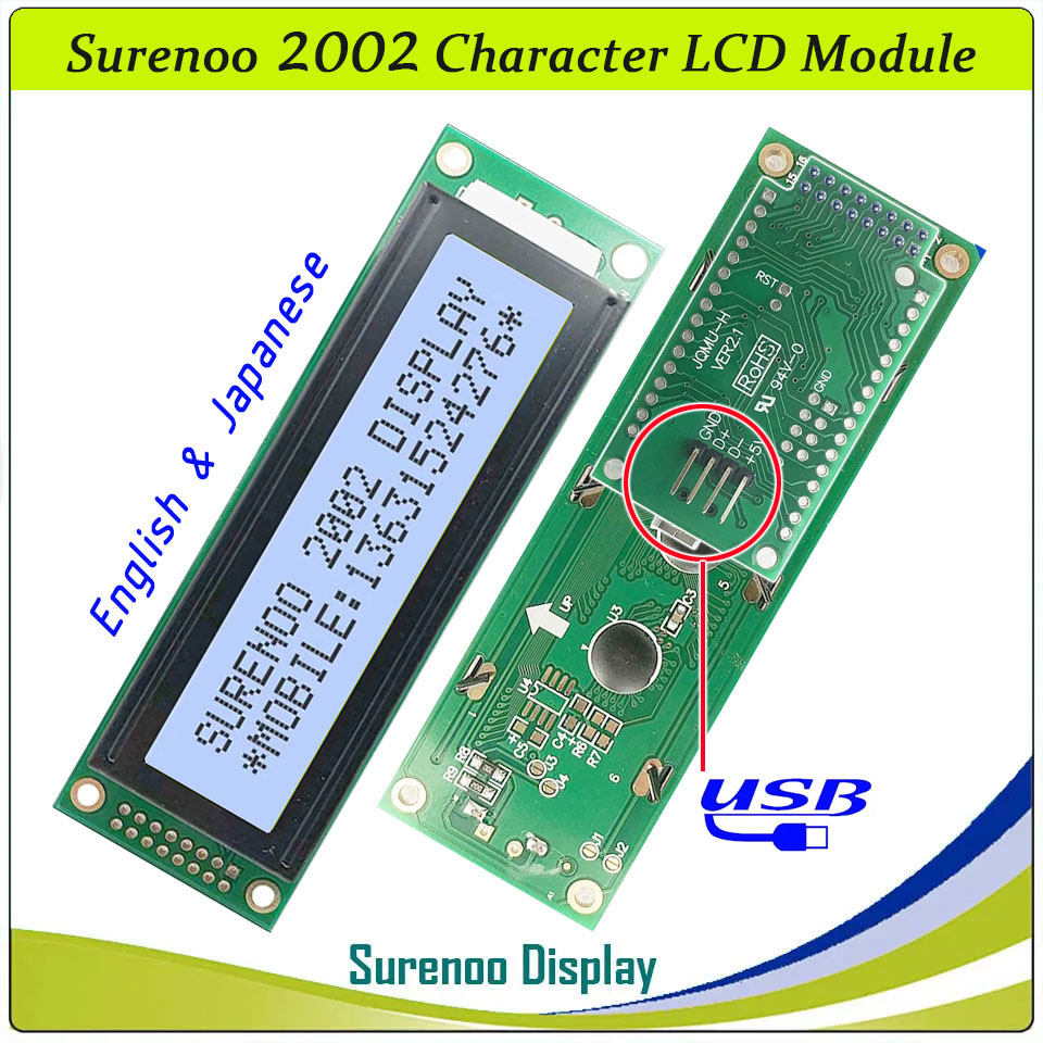 SLC2002A PCB=116.00X37.00MM 2002 20*2 Surenoo Character LCD Module Display Screen Panel 6800 4/8-bit Parallel Serial IIC I2C AIP31066 SPLC780D ST7066 PCF8574 Controller STN Yellow Green Blue FSTN Positive LED Backlight LCD2USB for LCD Smartie AIDA64
