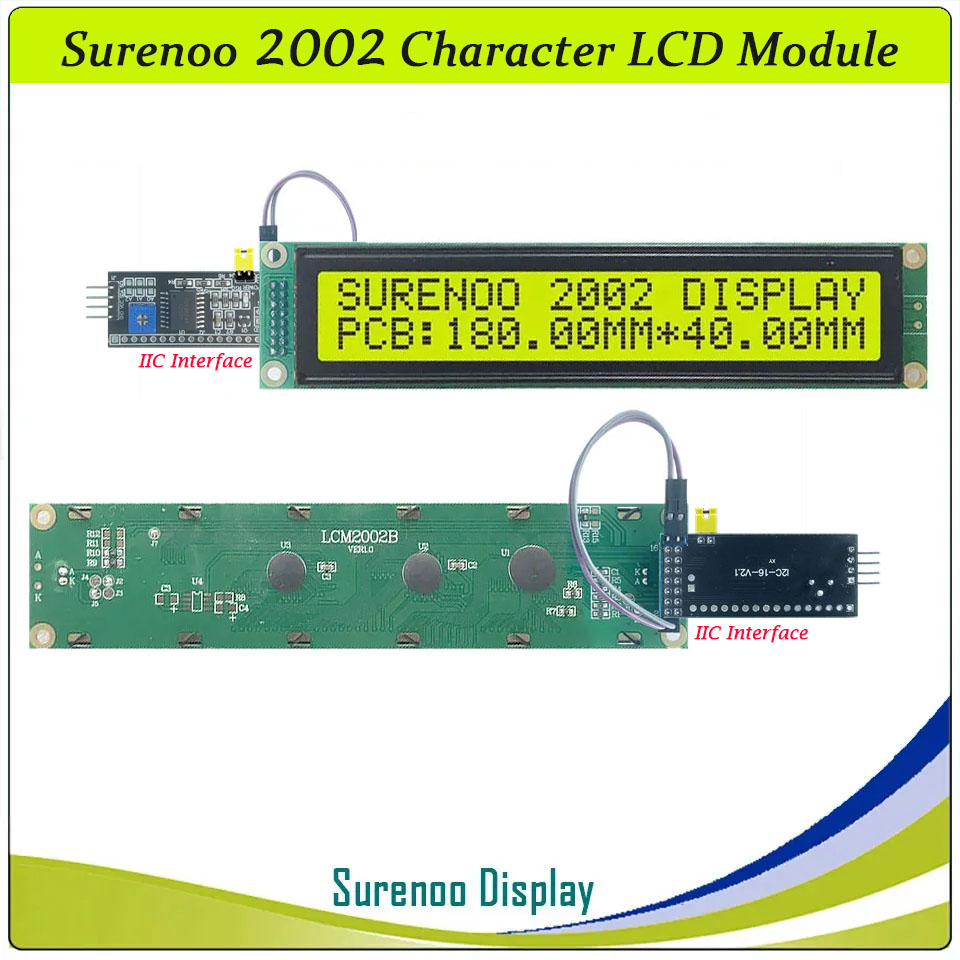 SLC2002B PCB=180.00X40.00MM 2002 20*2 Surenoo Larger Character LCD Module Display Screen Panel 6800 4-bit 8-bit Parallel Serial IIC I2C AIP31066 SPLC780D ST7066 PCF8574 Controller STN Yellow Green STN Blue LED Backlight