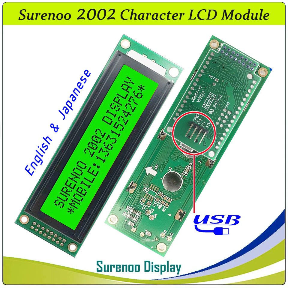 SLC2002A PCB=116.00X37.00MM 2002 20*2 Surenoo Character LCD Module Display Screen Panel 6800 4/8-bit Parallel Serial IIC I2C AIP31066 SPLC780D ST7066 PCF8574 Controller STN Yellow Green Blue FSTN Positive LED Backlight LCD2USB for LCD Smartie AIDA64