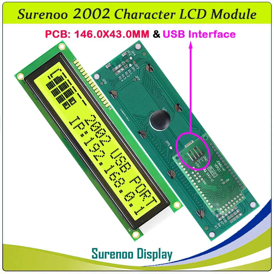 SLC2002C PCB=146.00X43.00MM 2002 20*2 Surenoo Larger Character LCD Module Display Screen Panel 6800 4-bit 8-bit Parallel Serial IIC I2C AIP31066 SPLC780D ST7066 PCF8574 Controller STN Yellow Green STN Blue LED Backlight USB2LCD for LCD Smartie AIDA64