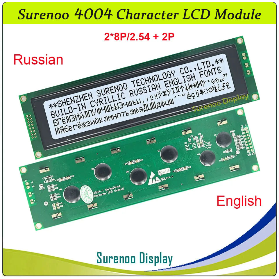 SLC4004B PCB=190.00X54.00MM 4004 40*4 Surenoo Character LCD Module Display Screen Panel 6800 4-bit 8-bit Parallel Serial IIC I2C AIP31066 SPLC780D ST7066 Controller STN Yellow Green STN Blue Negative FSTN Positive LED Backlight