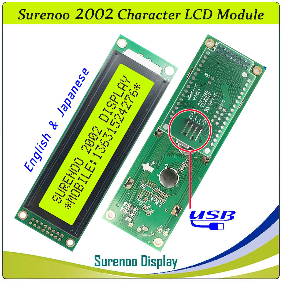 SLC2002A PCB=116.00X37.00MM 2002 20*2 Surenoo Character LCD Module Display Screen Panel 6800 4/8-bit Parallel Serial IIC I2C AIP31066 SPLC780D ST7066 PCF8574 Controller STN Yellow Green Blue FSTN Positive LED Backlight LCD2USB for LCD Smartie AIDA64