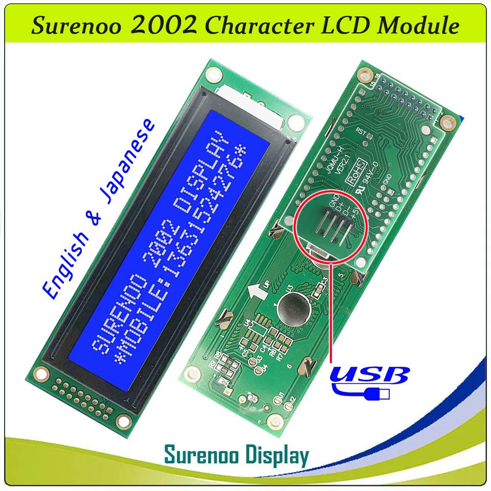 SLC2002A PCB=116.00X37.00MM 2002 20*2 Surenoo Character LCD Module Display Screen Panel 6800 4/8-bit Parallel Serial IIC I2C AIP31066 SPLC780D ST7066 PCF8574 Controller STN Yellow Green Blue FSTN Positive LED Backlight LCD2USB for LCD Smartie AIDA64